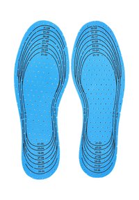 Plantilla azul con perforaciones, marcas de tallas del 21 al 34 y líneas curvas de contorno. Fabricada con material flexible para comodidad y ajuste.