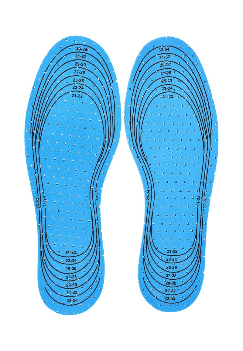 Plantilla azul con perforaciones, marcas de tallas del 21 al 34 y líneas curvas de contorno. Fabricada con material flexible para comodidad y ajuste.