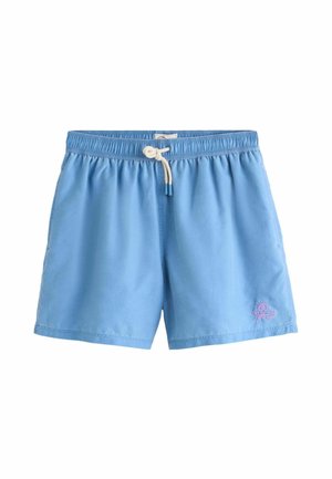 Heleroosad meeste ujumispüksid elastse vöökohaga, valge pael ja küljetaskud ning vasakul jalal väike roosa tikandiga logo.