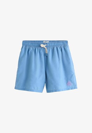 Pantaloni scurți de baie bărbați de culoare albastru deschis, cu talie elastică, șnur alb, buzunare laterale și un mic logo brodat roz pe piciorul stâng.