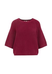 Burgundy stickad tröja med rund hals och vida, korta ärmar. Har en distinkt ribbad textur och en avslappnad passform.