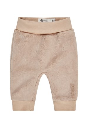 Weiche beige Babyhosen mit elastischem Bund und Bündchen, aus flauschigem, strukturiertem Stoff, Größe 56 mit Stentaler-Markenetikett innen.