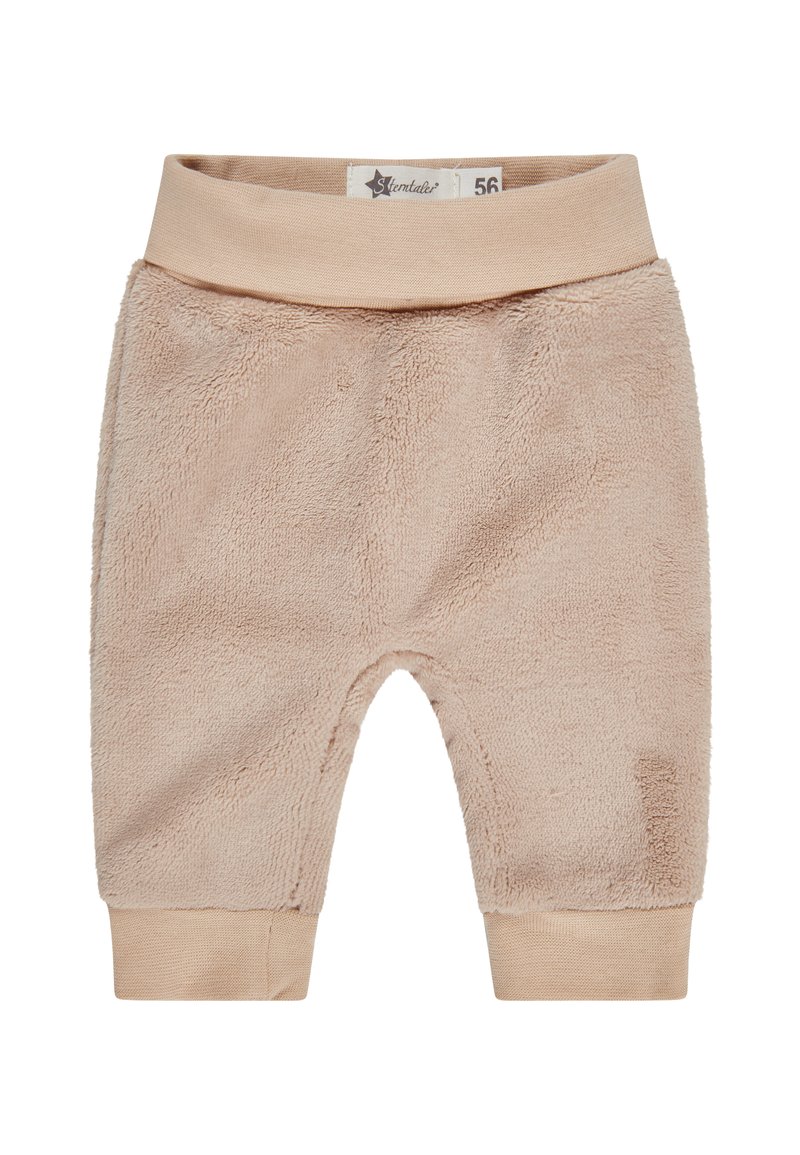 Weiche beige Babyhosen mit elastischem Bund und Bündchen, aus flauschigem, strukturiertem Stoff, Größe 56 mit Stentaler-Markenetikett innen.