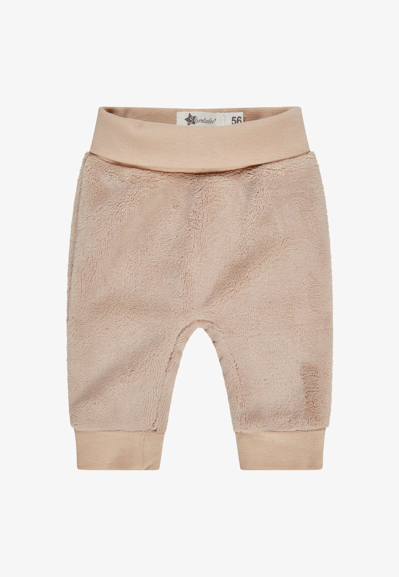Weiche beige Babyhosen mit elastischem Bund und Bündchen, aus flauschigem, strukturiertem Stoff, Größe 56 mit Stentaler-Markenetikett innen.