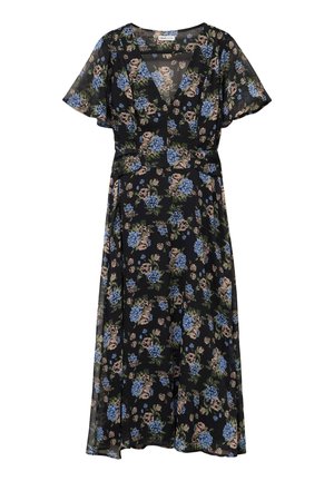 Schwarzes Blumenkleid mit V-Ausschnitt, kurzen, schwingenden Ärmeln, tailliertem Schnitt und blauen sowie rosafarbenen Rosenmustern auf einem durchsichtigen Stoff.