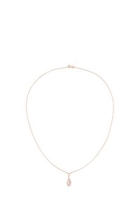 Collana in oro rosa con una catena sottile e un pendente a goccia caratterizzato da un design intricato. Texture liscia con una finitura lucida.