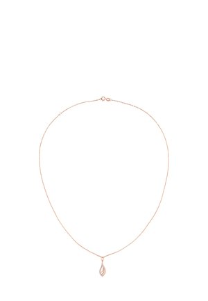 Collana in oro rosa con una catena sottile e un pendente a goccia caratterizzato da un design intricato. Texture liscia con una finitura lucida.