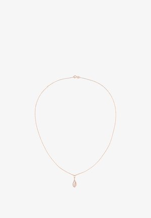 Rose gold halskæde med en fin kæde og en dråbeformet vedhæng med et indviklet design. Glat tekstur med en poleret finish.