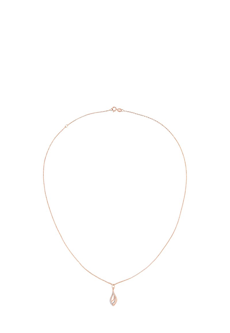 Collana in oro rosa con una catena sottile e un pendente a goccia caratterizzato da un design intricato. Texture liscia con una finitura lucida.