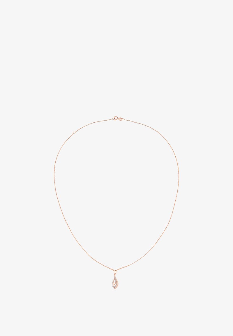 Collana in oro rosa con una catena sottile e un pendente a goccia caratterizzato da un design intricato. Texture liscia con una finitura lucida.