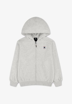 Sweat à capuche gris clair zippé intégral avec poches avant, poignets élastiques et petit logo Converse All Star sur la poitrine gauche.