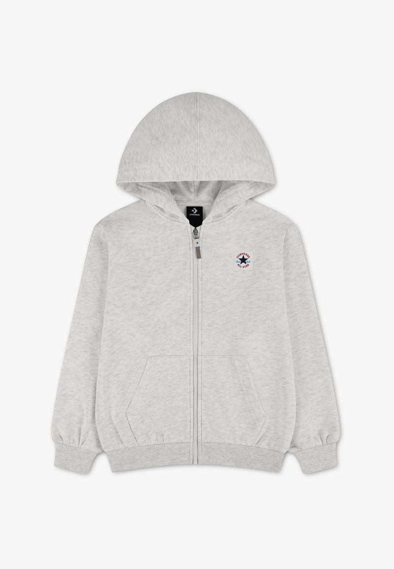 Sweat à capuche gris clair zippé intégral avec poches avant, poignets élastiques et petit logo Converse All Star sur la poitrine gauche.