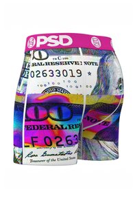 Bokserice s vibrantnim uzorkom novčanice od 100 dolara, s raznim bojama, bijelim šavovima i ružičastim pojasom "PSD".