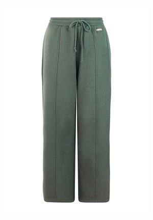 Groene sweatpants met wijde pijpen, een elastische tailleband en een voorste trekkoord, met verticale naaddetails en een klein merkembleem bij de taille.