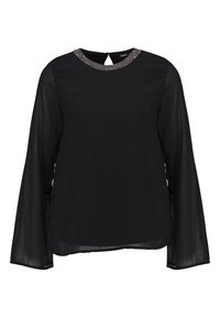 Czarna bluzka z długim rękawem i okrągłym dekoltem. Przezroczysty materiał z ozdobnym kołnierzykiem, wycięciem z tyłu i luźnym krojem.