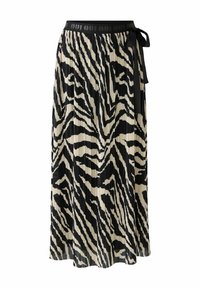 Jupe midi plissée en crème et noir avec un motif zèbre. Présente une taille noire avec un lien et des plis verticaux sur toute la longueur.