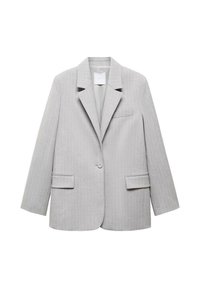 Veston gris clair en tissu lisse, présentant de fines rayures verticales, un col à revers cranté, une fermeture à un bouton et deux poches avant.