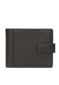 Fekete bőr pénztárca, texturált felülettel, kétszeres hajtású dizájn, látható varrással és patentos záródással. Az exteriőrön dombornyomott logó található.