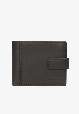 Portofel din piele neagră cu un finisaj texturat, design pliabil în două, cusături vizibile și închidere cu capsa. Prezintă un logo embosat pe exterior.