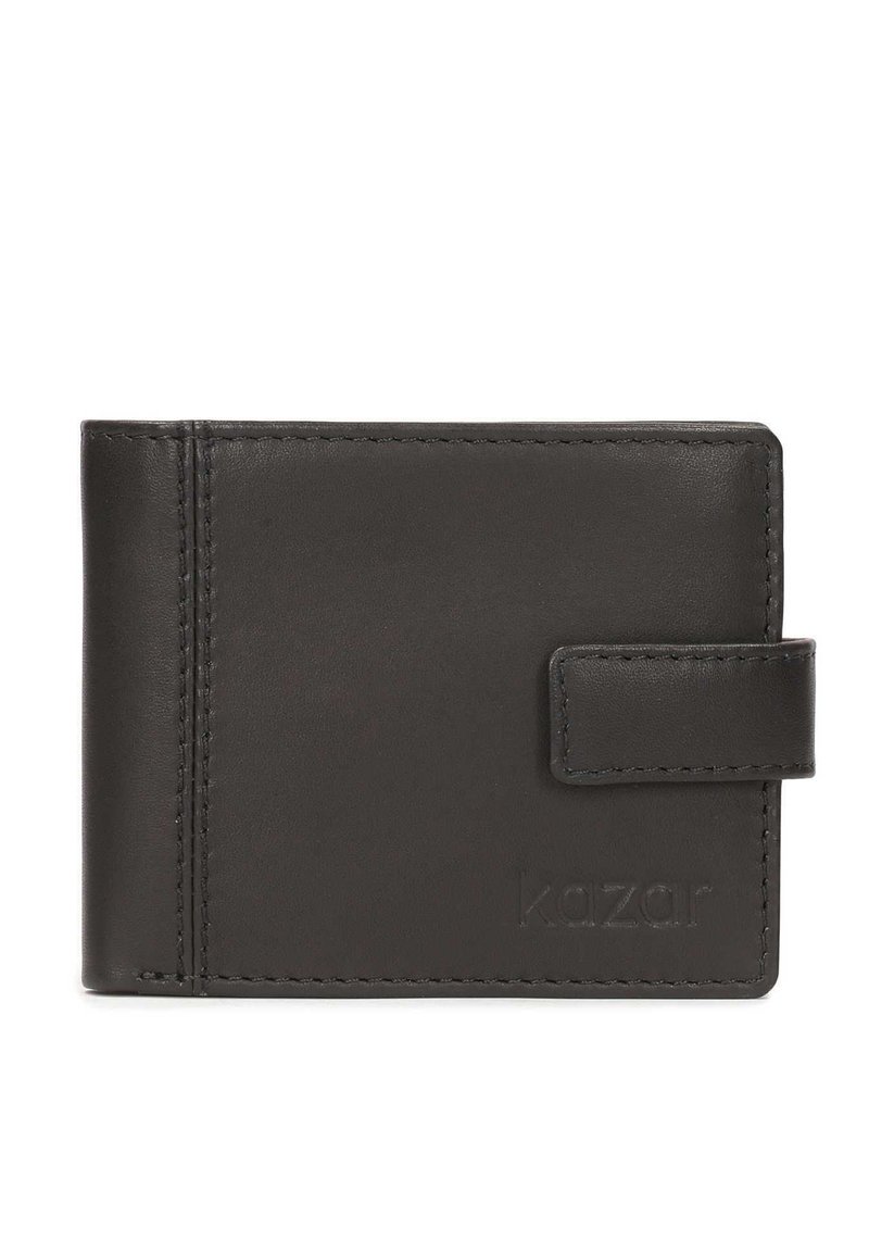 Fekete bőr pénztárca, texturált felülettel, kétszeres hajtású dizájn, látható varrással és patentos záródással. Az exteriőrön dombornyomott logó található.