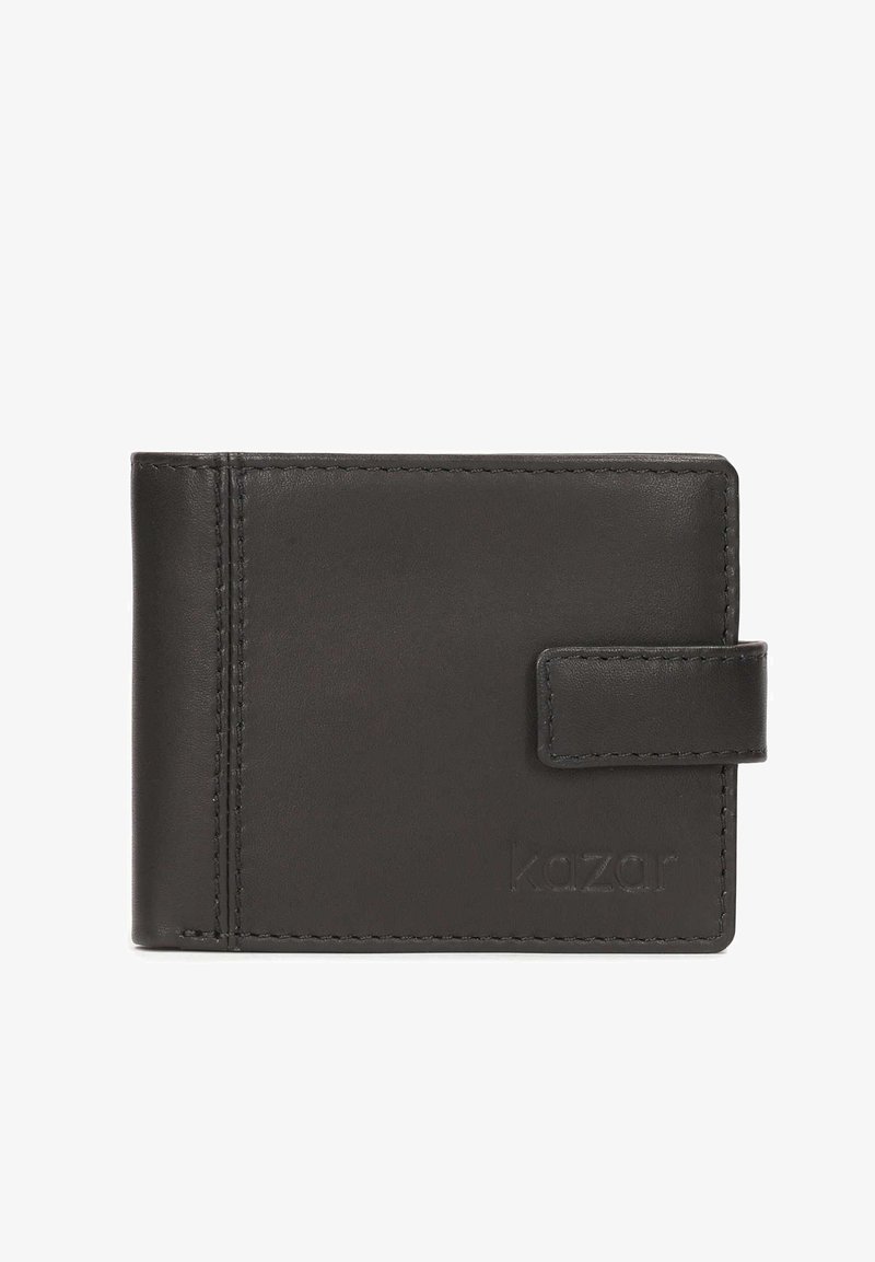 Fekete bőr pénztárca, texturált felülettel, kétszeres hajtású dizájn, látható varrással és patentos záródással. Az exteriőrön dombornyomott logó található.