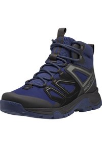 Zapato de senderismo de caña alta con material de malla azul oscuro y acentos en negro, suela de goma texturizada y detalle del logotipo en gris en el lateral.