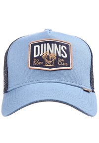 Gorra de tela azul con lados de malla, que presenta un parche bordado que dice "DJINNS Do Not ING Club" y gráficos de palmeras en beige.