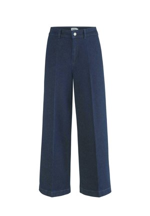 Tummansiniset leveälahkeiset denim-housut, joissa on korkea vyötärö, etupainike ja muotoillut laskokset. Sileä pinta ja siistit helmat.