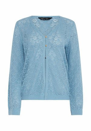 Cárdigan tejido de punto azul claro con mangas largas, escote en V, dos botones delanteros y un patrón intrincado similar a encaje en toda la prenda.