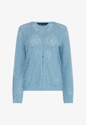 Hellblauer, gestrickter Cardigan mit langen Ärmeln, V-Ausschnitt, zwei Knöpfen vorne und einem durchgehend filigranen, spitzenähnlichen Muster.