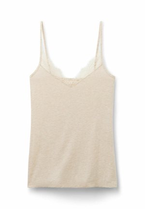Zacht beige tanktop met verstelbare spaghetti-bandjes, met een kantaccent langs de V-hals. Gemaakt van een lichte katoenmix.