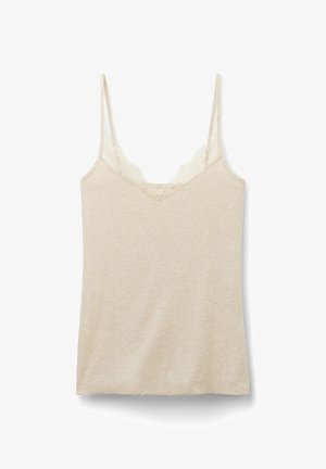 Miękki beżowy top na ramiączkach z regulowanymi spaghetti, z koronkowym akcentem wzdłuż dekoltu w kształcie litery V. Wykonany z lekkiej mieszanki bawełny.