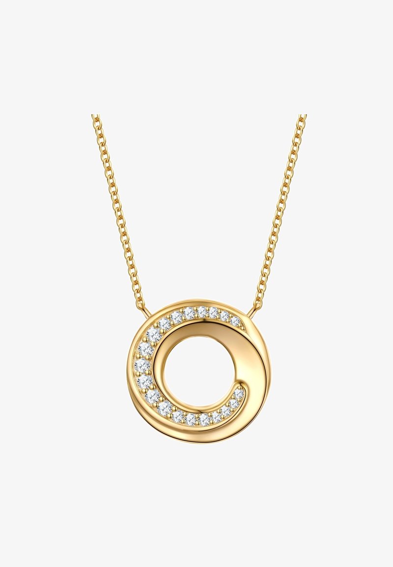 Kuldpendant, millel on ümmargune disain, kaunistatud selgete kristallidega, kinnitatud peenele kuldahela, millel on lingid.