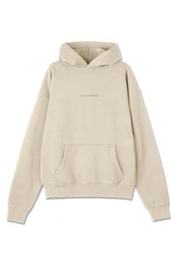 Beige hettegenser med frontlomme, ribbede mansjetter og hem. Har et subtilt preget logo i midten. Mykt, strukturert stoff.