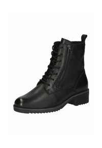 Botas de tobillo negras con cordones, con un upper de cuero texturizado, cremallera lateral y suela de goma robusta. Punta redondeada y tacón resistente.