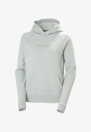 Lichtgrijze hoodie van textuurstof, met een voorste kangaroo-pocket, ribgebreide mouwen en een subtiel logo op de borst.