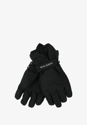 Čierne rukavice s textúrovanou tkaninou, elastickým manžetom na zápästí a remienkom s názvom značky. Dizajn zahŕňa priliehajúce prsty a úchopové prvky.