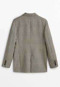 Blazer à carreaux gris avec manches longues, poignets à boutons et une fente centrale au dos, présenté de dos sur un fond blanc.