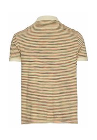 Korte mouwen polo shirt in lichtbeige met meerkleurige horizontale strepen. Voorzien van een klassieke kraag en ribgebreide manchetten. Zachte stoftextuur.