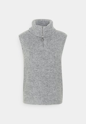Gilet sans manches en tricot gris avec un col haut côtelé et une courte fermeture éclair avec un curseur rond au centre avant.