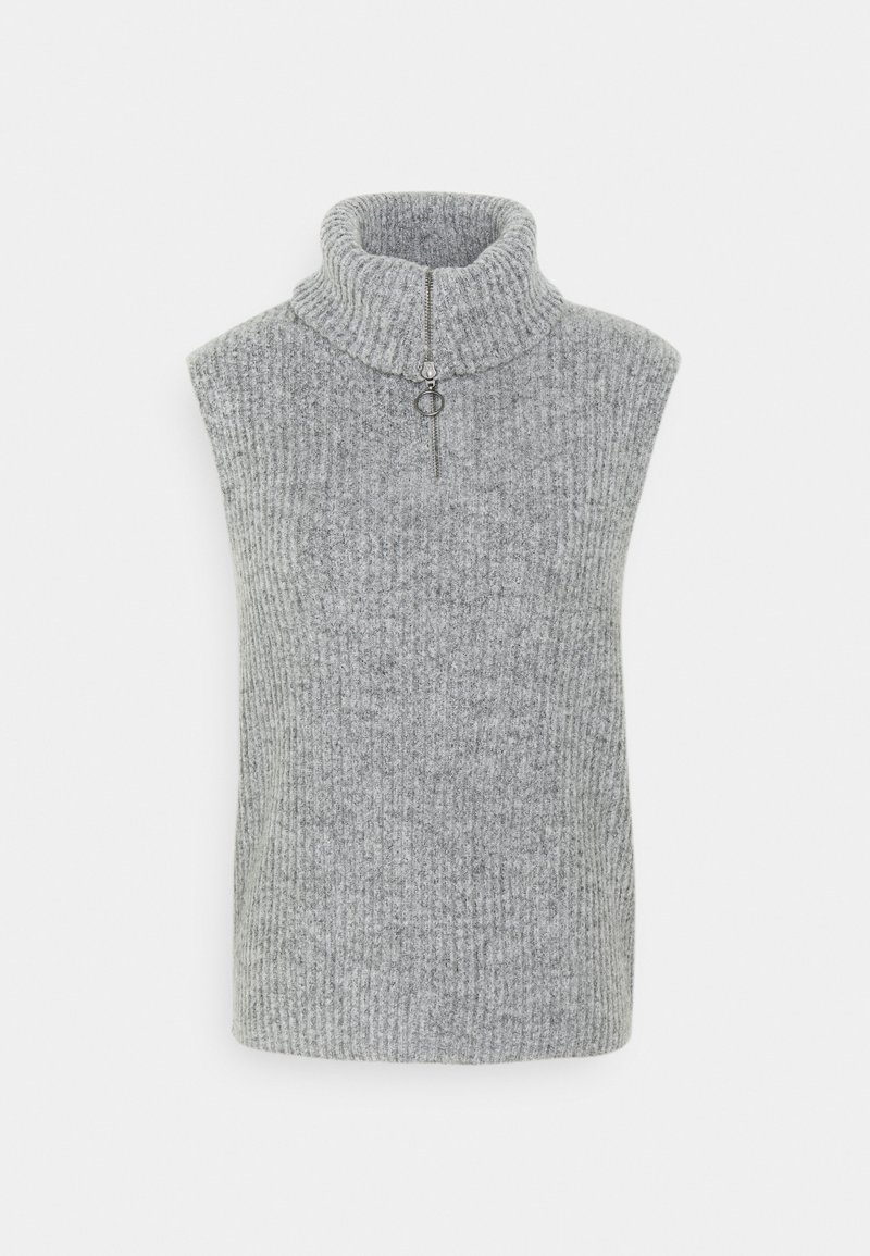 Gilet sans manches en tricot gris avec un col haut côtelé et une courte fermeture éclair avec un curseur rond au centre avant.