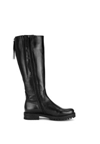Bota de cuero negra hasta la rodilla con punta redondeada, cremalleras laterales, paneles texturizados y una suela resistente para agarre y durabilidad.