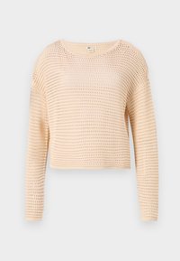 Light beige cropped sweater with a knitted mesh pattern, long sleeves, round neckline, and ribbed hem. Soft, textured fabric.