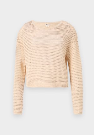 Hellbeige, verkürzter Pullover mit einem gestrickten Netzmuster, langen Ärmeln, rundem Ausschnitt und geripptem Saum. Weicher, strukturierter Stoff.