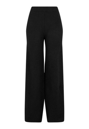 Pantaloni neri a gamba larga realizzati in un tessuto morbido con una vita a coste, caratterizzati da una texture liscia e da un design lungo fino a terra.