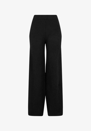 Black wide-leg pants made of soft fabric with a ribbed waistband, featuring a smooth texture and a floor-length design.