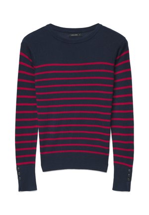 Maglione blu navy con strisce orizzontali rosse, scollo rotondo e bottoni decorativi sui polsini. Tessuto morbido e lavorato a maglia.