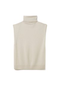Ärmelloses Rollkragenoberteil aus leicht beige gestricktem Stoff, mit hohem Kragen und subtiler Ripp-Detailierung am Saum. Glatte Textur.