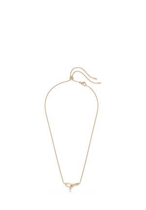 Collar de cadena de oro rosa delicado con deslizador ajustable, que presenta un pequeño charm de perla y eslabones entrelazados con cristales incrustados.