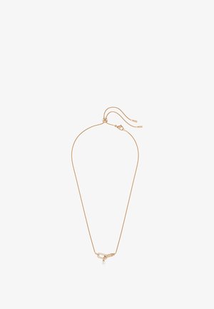 Delicate rose gold chain necklace with adjustable slider, featuring a small pearl charm and interlocking links with embedded crystals.